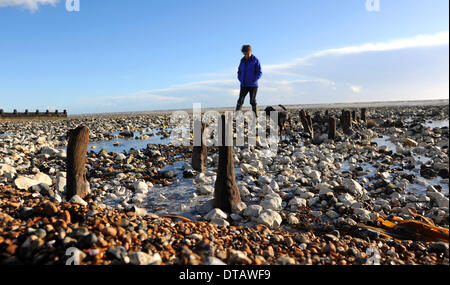 Den letzten Stürme und Fluten haben alte 2. Weltkrieg Küstenschutzes entlang der Strände bei Ferring in der Nähe von Worthing Uk ausgegraben. Stockfoto