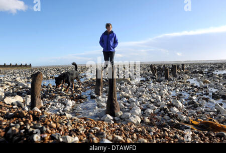 Den letzten Stürme und Fluten haben alte 2. Weltkrieg Küstenschutzes entlang der Strände bei Ferring in der Nähe von Worthing Uk ausgegraben. Stockfoto