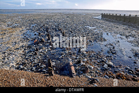 Die letzten Stürme und Fluten haben alte 2. Weltkrieg Küstenschutzes entlang der Strände bei Ferring in der Nähe von Worthing UK ausgegraben. Stockfoto