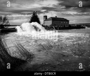 Burrowbridge Pumpstation, entladen Hochwasser in den bereits geschwollenen Fluß Parrett, während des Hochwassers 2014 Stockfoto