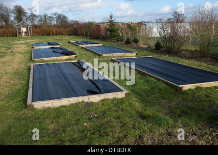 Hochbeeten im Winter mit Plastikplanen abgedeckt. Stockfoto