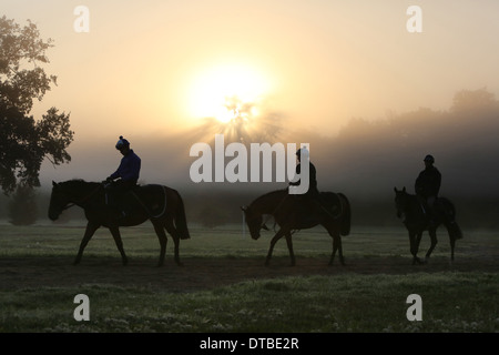 Chantilly, Frankreich, Reiter und Pferde bei der Fahrt in den Morgen Stockfoto