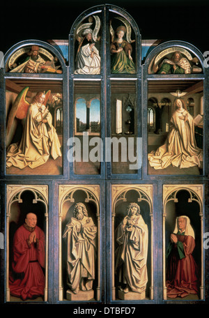 Gotische Kunst. Die Anbetung des mystischen Lammes von Jan Van Eyck (c.1390-c.1441), 1430-32. Propheten, Sibyllen, Verkündigung, Heiligen. Stockfoto