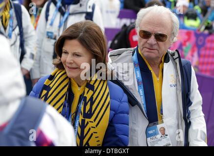 Krasnaja Poljana, Russland. 14. Februar 2014. König Carl Gustaf von Schweden und Königin Silvia von Schweden an die Männer 15km Classic Cross Country Veranstaltung in Laura Langlauf Ski & Biathlon Center an die Olympischen Spiele 2014 in Sotschi, Krasnaya Polyana, Russland, 14. Februar 2014 teilnehmen. : Bildnachweis Kay Nietfeld/Dpa: Dpa picture-Alliance/Alamy Live News Stockfoto