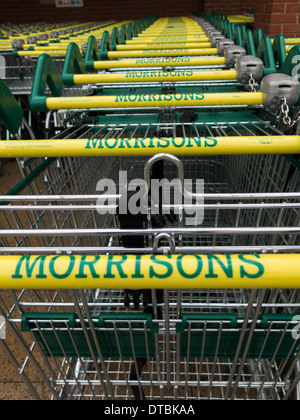 Reihen von Morrisons Einkaufswagen gestapelt Stockfoto