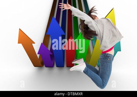 Zusammengesetztes Bild der fröhliche junge Frau springen Stockfoto