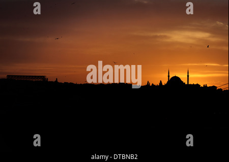 Silhouette der Fatih-Moschee bei Sonnenuntergang Stockfoto