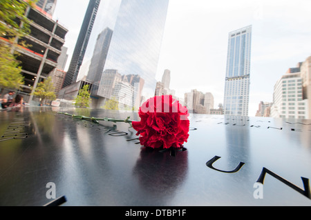 Eine einzelne rote Blume von Namen auf dem Denkmal-Brunnen an die 9/11 World Trade Center Tribute in New York City USA gelegt Stockfoto