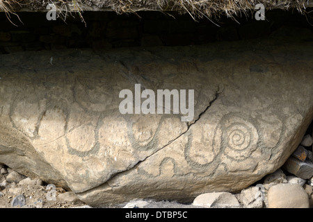 Bordsteinkante Schnitzereien Knowth neolithischen Durchgang Grab Boyne Valley County Meath Irland Weltkulturerbe Stockfoto