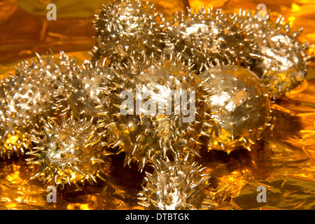 Goldene stachelige Gurke Obst auf erhöhte Goldfolie Hintergrund Stockfoto