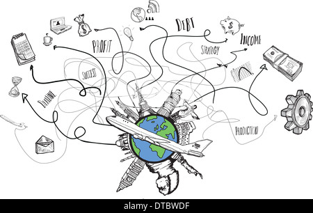 Globales Geschäft und Reisen Kritzeleien Stockfoto