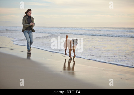 Reife Frau zu Fuß Hund auf luftigen Strand Stockfoto