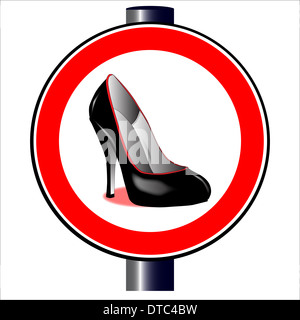 Eine große runde rote Verkehr anzeigen ein Stilett heilen Schuh Stockfoto