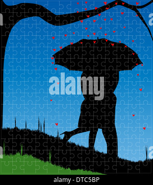 Ein umwerben paar, Silhouette, küssen unter einen Regenschirm, während ein Platzregen der roten Amoretten Herzen Satz in einen Puzzle-Rahmen. Stockfoto