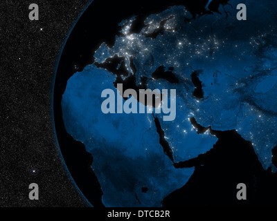 Übernachtung in Europa, Nahost und Afrika Region mit Citylights aus dem Weltraum betrachtet. Elemente des Bildes von der NASA eingerichtet. Stockfoto