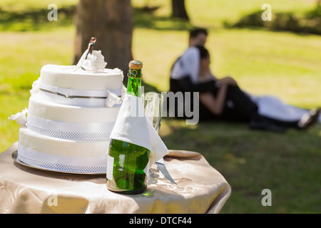 Hochzeitstorte und Champagner mit entspannenden paar im park Stockfoto