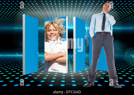 Zusammengesetztes Bild des nachdenklichen Geschäftsmann mit Hand am Kinn Stockfoto