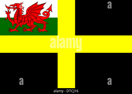 Die Flagge von Saint David, ein schwarzer Hintergrund mit einem gelben Kreuz mit der walisischen Drachen Inset. Stockfoto