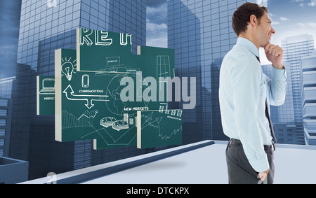 Zusammengesetztes Bild des nachdenklichen Geschäftsmann mit Hand am Kinn Stockfoto