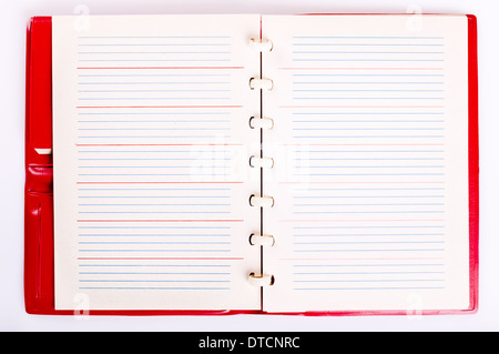 Öffnen Sie leere Seite Notebook. Alte Papier Notizblock isoliert auf weißem Hintergrund Stockfoto