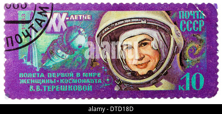 Gedruckt in der UdSSR (Russland) Stempel zeigt Porträt von Valentina Tereshkova - erste Frau Kosmonaut Stockfoto