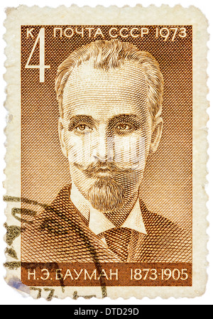 UdSSR - CIRCA 1973: Eine Briefmarke gedruckt in USSR zeigt Nikolai E. Bauman (1873-1905), bolschewistischen revolutionären, ca. 1973 Stockfoto