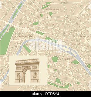 Karte der Stadt Paris und Triumphbogen Stockfoto