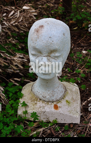 Verwitterte Styropor Kopf Schaufensterpuppe Art Modell im verwilderten Garten. Stockfoto