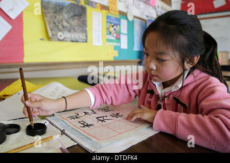 San Francisco, USA. 15. Februar 2014. Pupille Ou Jitong besucht 10. chinesische Brücke Chinese Proficiency Wettbewerb in San Francisco, USA, am 15. Februar 2014. Bildnachweis: Liu Yilin/Xinhua/Alamy Live-Nachrichten Stockfoto