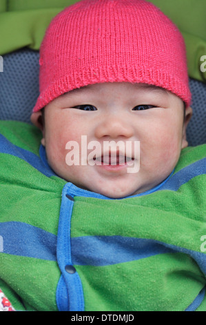 glückliches Baby in einem Kinderwagen, 6 Monate alt, Chinesisch Stockfoto