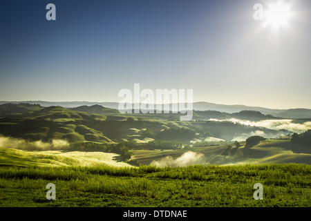 Nebligen Hügeln in der Toskana bei Sonnenaufgang Stockfoto