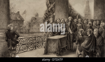 George Washington nimmt den Amtseid als erster Präsident der Vereinigten Staaten in New York City, 1789 Stockfoto