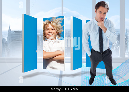 Zusammengesetztes Bild des nachdenklichen Geschäftsmann mit Hand am Kinn Stockfoto