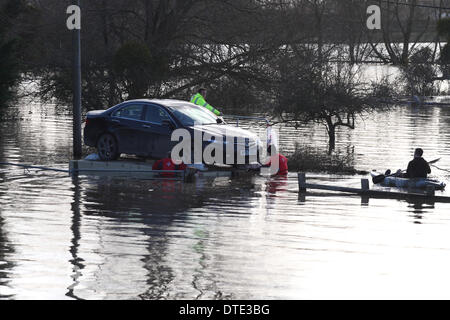 Burrowbridge, Somerset Levels Sonntag, 16. Februar 2014 – ungewöhnliche Auto Rettung - freiwillige nutzen eine schwimmende Ponton zu schweben, die ein Auto Honda Accord ein Cut-off-Eigentum - Ponton langsam misshandelt wurde und sorgfältig auf die nächste trockene Straße. Stockfoto