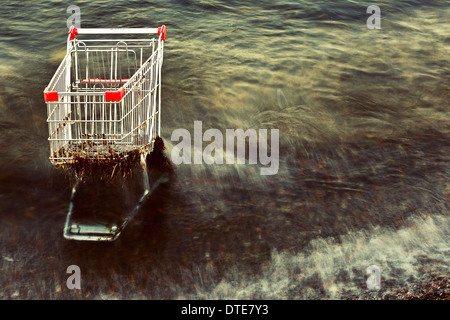 Warenkorb in verschmutztem Wasser verlassen Stockfoto