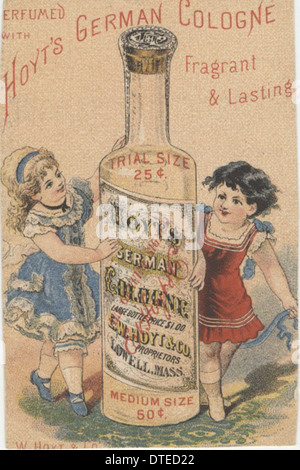 E. W. Hoyt & Co. War ein Hersteller verschiedener Konsumgüter, darunter Flaschen, Pflegeprodukte und Trockenwaren. Diese viktorianische Handelskarte enthält Produkte im Zusammenhang mit Parfüms, Pflegeprodukten und Kinderprodukten und bietet eine Momentaufnahme der Konsumkultur der damaligen Zeit. Es ist Teil der historischen Sammlung der Miami University. Stockfoto