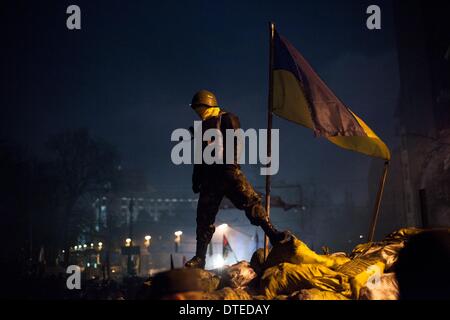 Kiew, Ukraine. 15. Februar 2014. Ein Anti-Regierungs-Demonstranten steht auf eine Barrikade in Kiew, am 15. Februar 2014. Demonstranten besetzen Kiew Rathaus sagte am 15. Februar, sie stand '''', die Räumlichkeiten, in einer Geste des guten Willens nach Behörden veröffentlicht alle Inhaftierten in den regierungsfeindlichen Unruhen rockt das Land zu verlassen. Bildnachweis: ZUMA Press, Inc./Alamy Live-Nachrichten Stockfoto