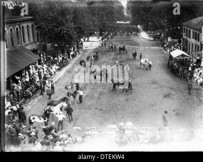 Eine Szene aus der Oxford Street Fair 1913 mit einer Pferdeshow. Das Bild zeigt das geschäftige Stadtleben und die Prominenz von Tierveranstaltungen wie Pferdeshows in der lokalen Messe-Atmosphäre. Stockfoto