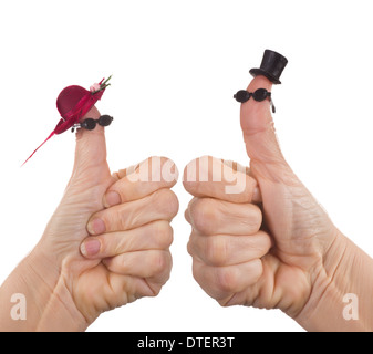 Karikatur gemacht einer Finger Marionette vertreten ein paar lustige Touristen mit Sonnenbrille Stockfoto