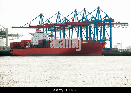 Verlassene Hafenterminal in einem Hafen für die Be- und Entladung Frachtschiffe und Fracht mit Reihen von großen Industriekrane an den Decks und aus den Laderäumen Lastenaufzug Stockfoto