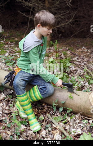 Neu Kätwin, Deutschland, arbeitete Young einen Baum mit einer Axt Stockfoto