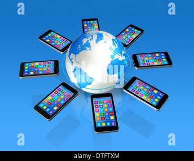 3D Smartphones um Weltglobus, isoliert auf blau - globale Kommunikations-Konzept Stockfoto