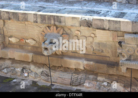 Tierkopf auf gefiederten Schlange Tempel, Pyramiden von Teotihuacan, Mexiko - Azteken-Zivilisation Stockfoto