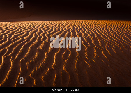 Dünen der Wüste gewellt mit vom Wind verwehten Muster als Tag der schlafenden Wüste bricht. Stockfoto