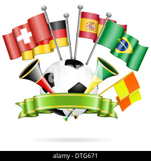 Fußball Poster mit Fußball, Fahnen, Vuvuzela und Band, isoliert auf weißem Hintergrund Stockfoto
