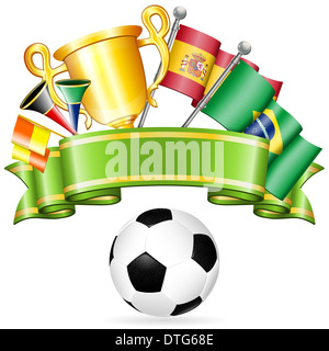 Fußball Poster mit Fußball, Fahnen, Gold-Trophäe und Band, isoliert auf weißem Hintergrund Stockfoto