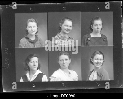 Diese Porträts aus dem Jahrbuch der McGuffey High School von 1935 zeigen Schüler in formeller Kleidung, die das pädagogische und soziale Leben der Epoche einfangen. Die Fotos sind ein historischer Schnappschuss von Schülern der McGuffey High School in Oxford, Ohio. Stockfoto