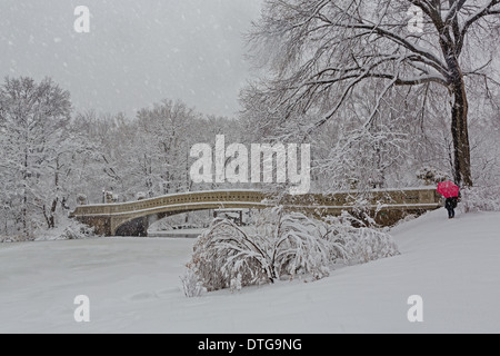 Wahrzeichen von Bogen Brücke im Central Park wird zu einem Winter Wonder Land während eines Winters Schneesturm. Der Central Park in New York City. Der Guss Bogen Brücke ist die grösste Brücke im Central Park und wurde 1862 abgeschlossen. Stockfoto