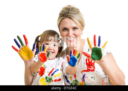 Mutter mit Kind zeigt malte Palmen Stockfoto