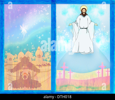 zwei religiöse Bilder - Jesus Christus segne und Geburt von Jesus Stockfoto